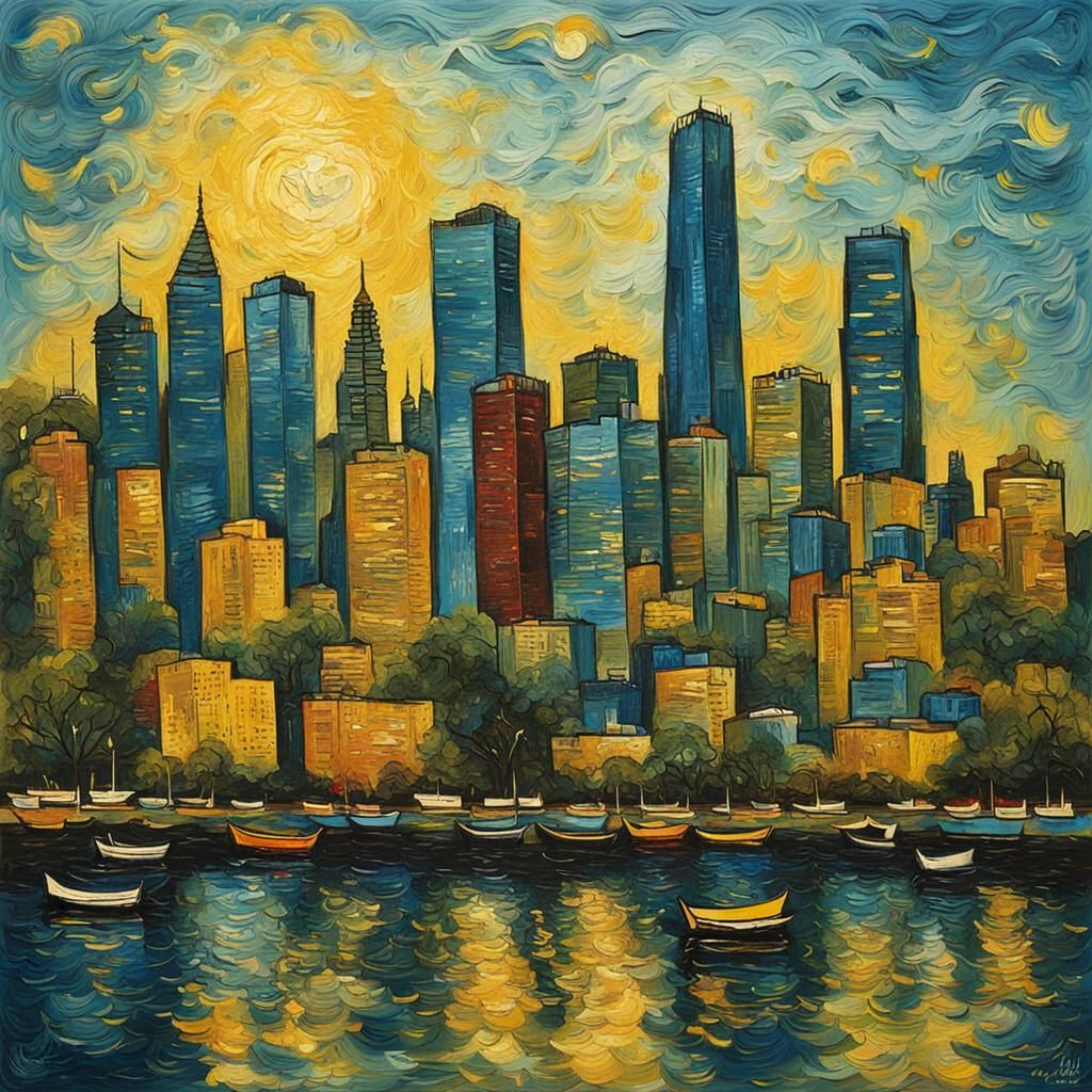 Mumbai Skyline in Van Gogh Impasto Style