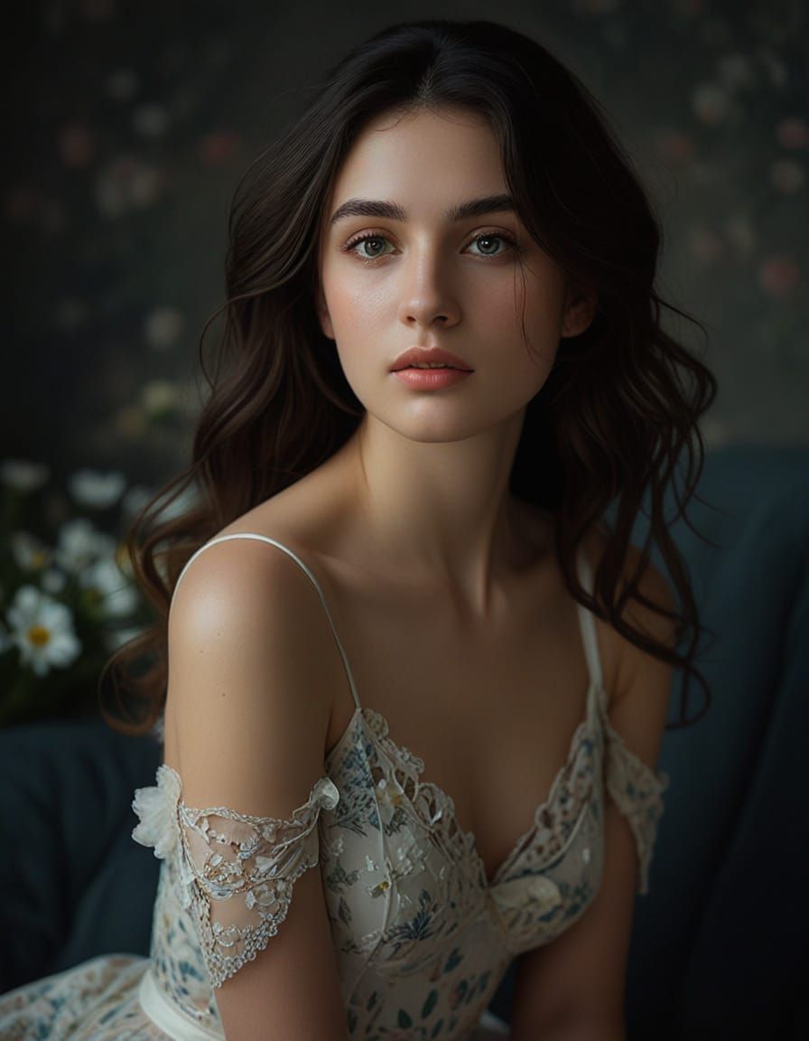 Serene Young Woman Amidst Vibrant Marguerites in Soft Pastel...