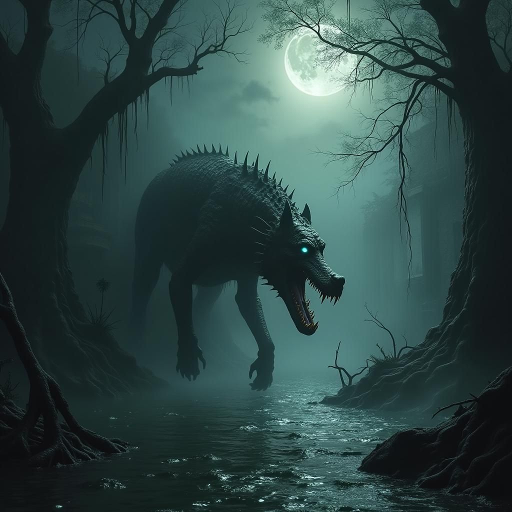 Grotesque Dog-Crocodile Hybrid in Mystical River