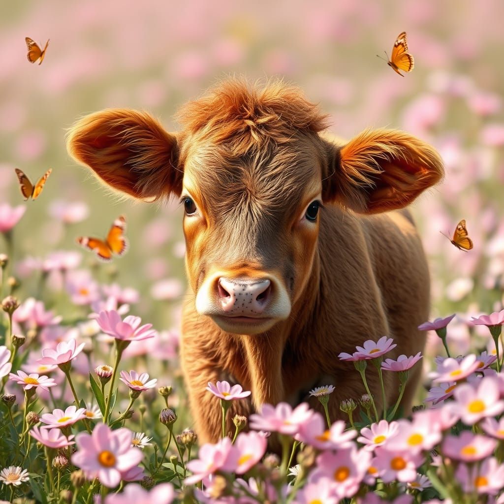 Fluffy Calf in Flower Field: Painterly Style