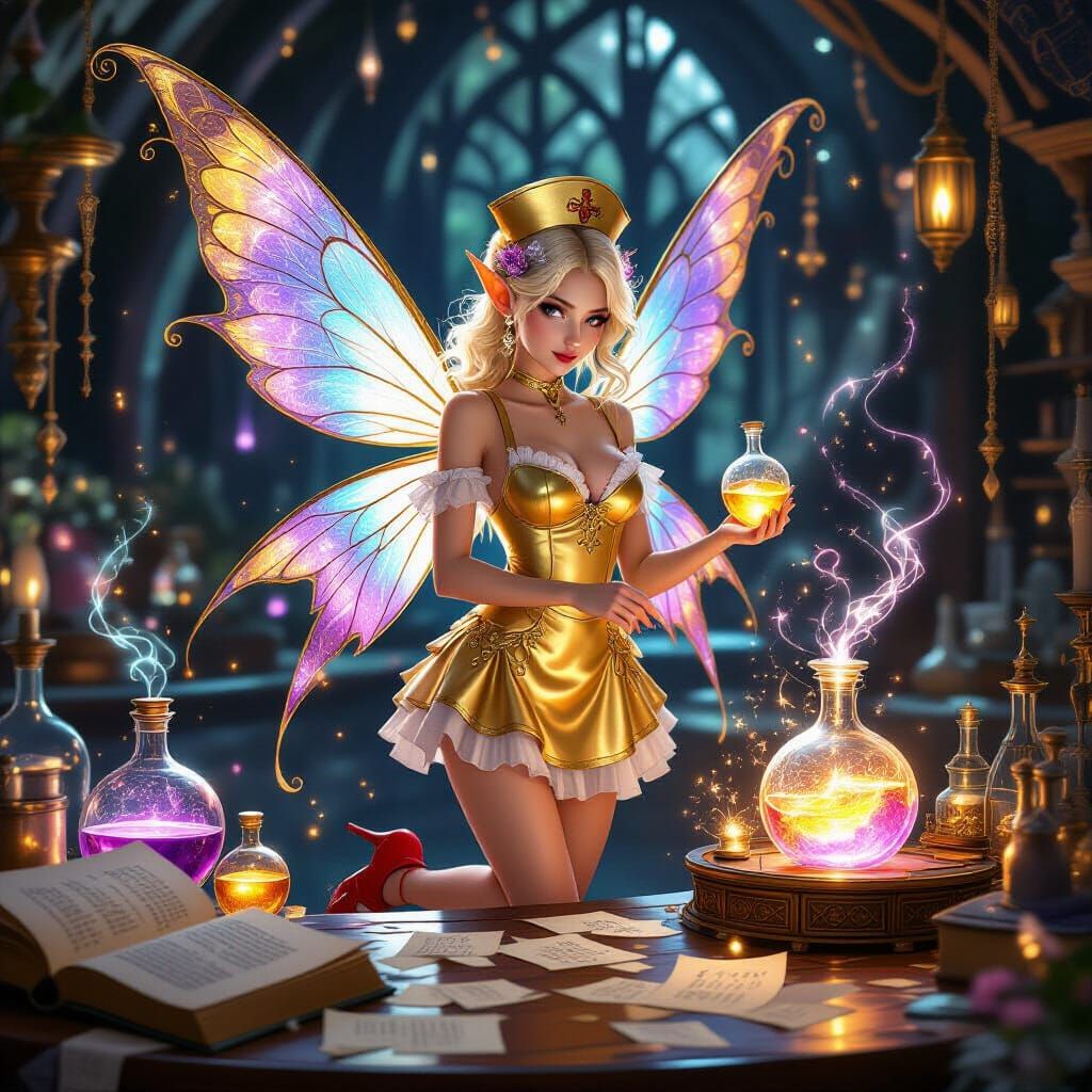 Elven Fairy Nurse in Glowing Alchemical Lab