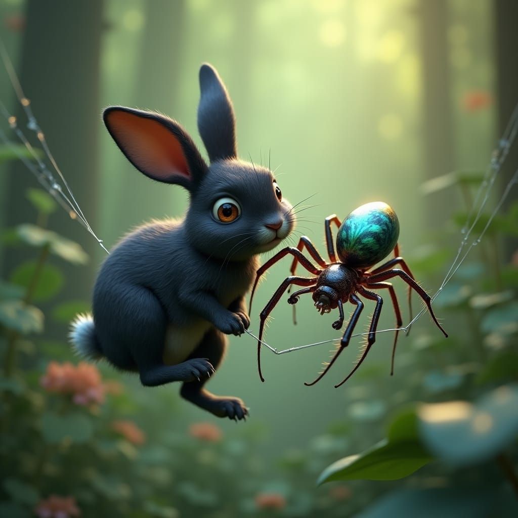 Rabbit and Spider in Dreamlike Forest