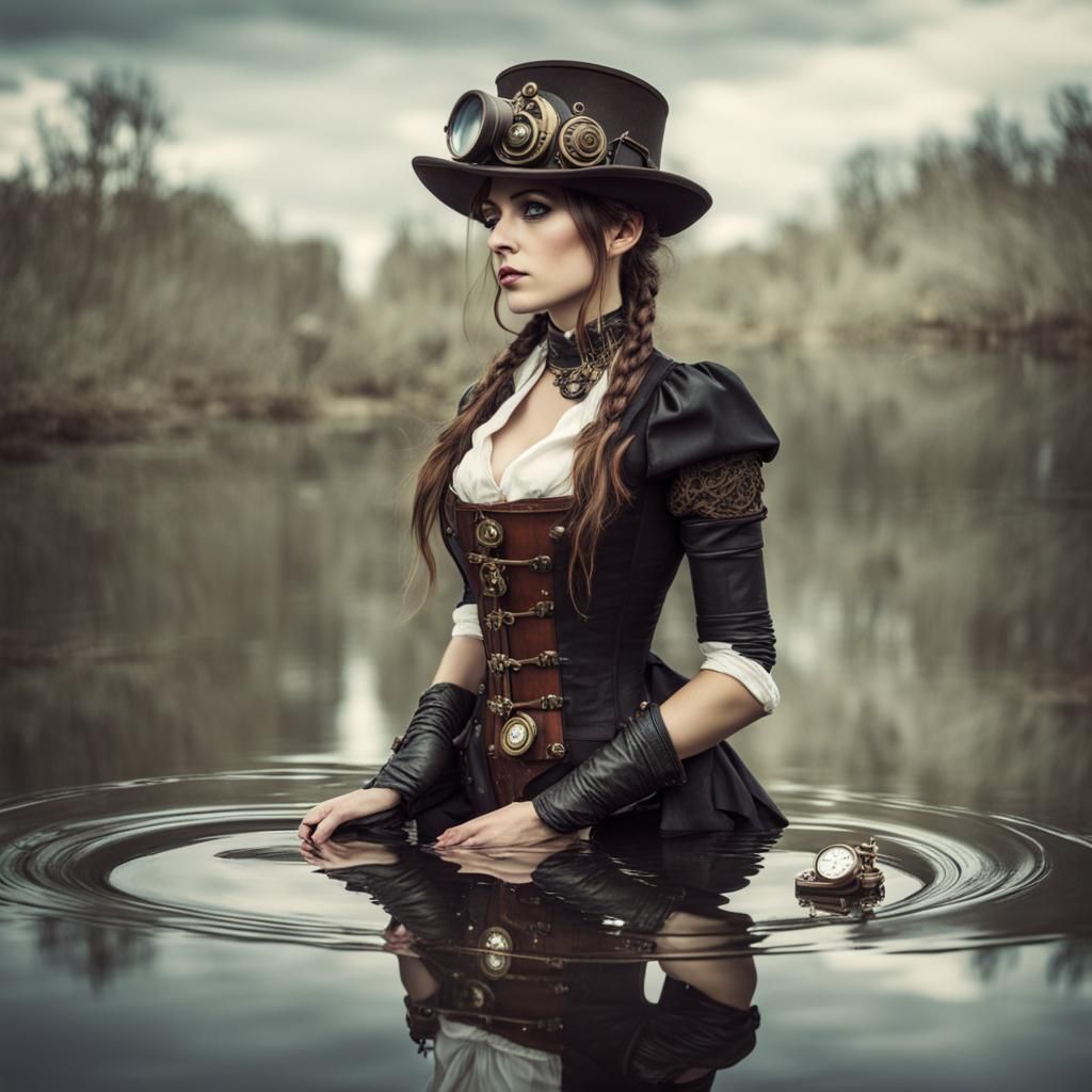 Steampunk Woman Reflecting in Tranquil Water