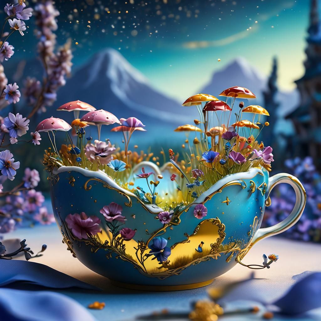 Miniature Meadow Diorama in Porcelain Cup