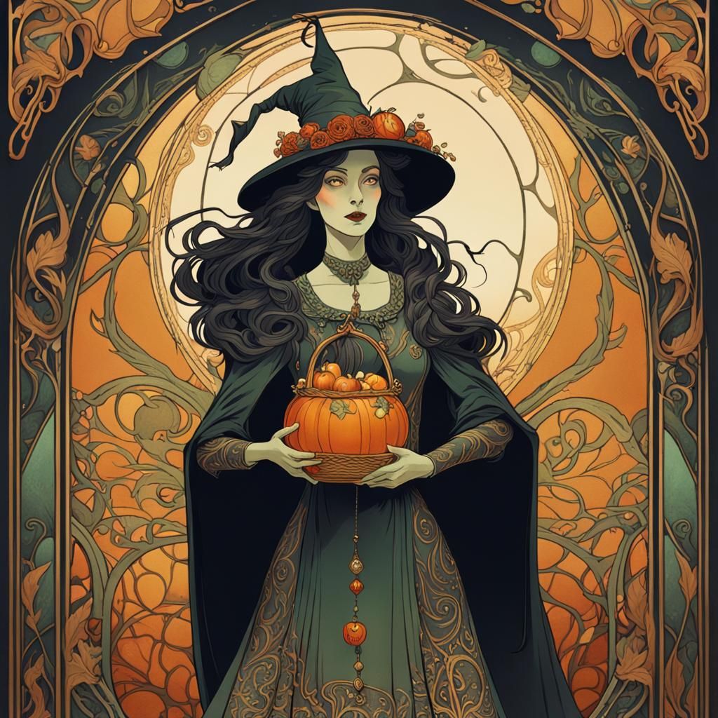 Art Nouveau Witch with Trick or Treat Basket