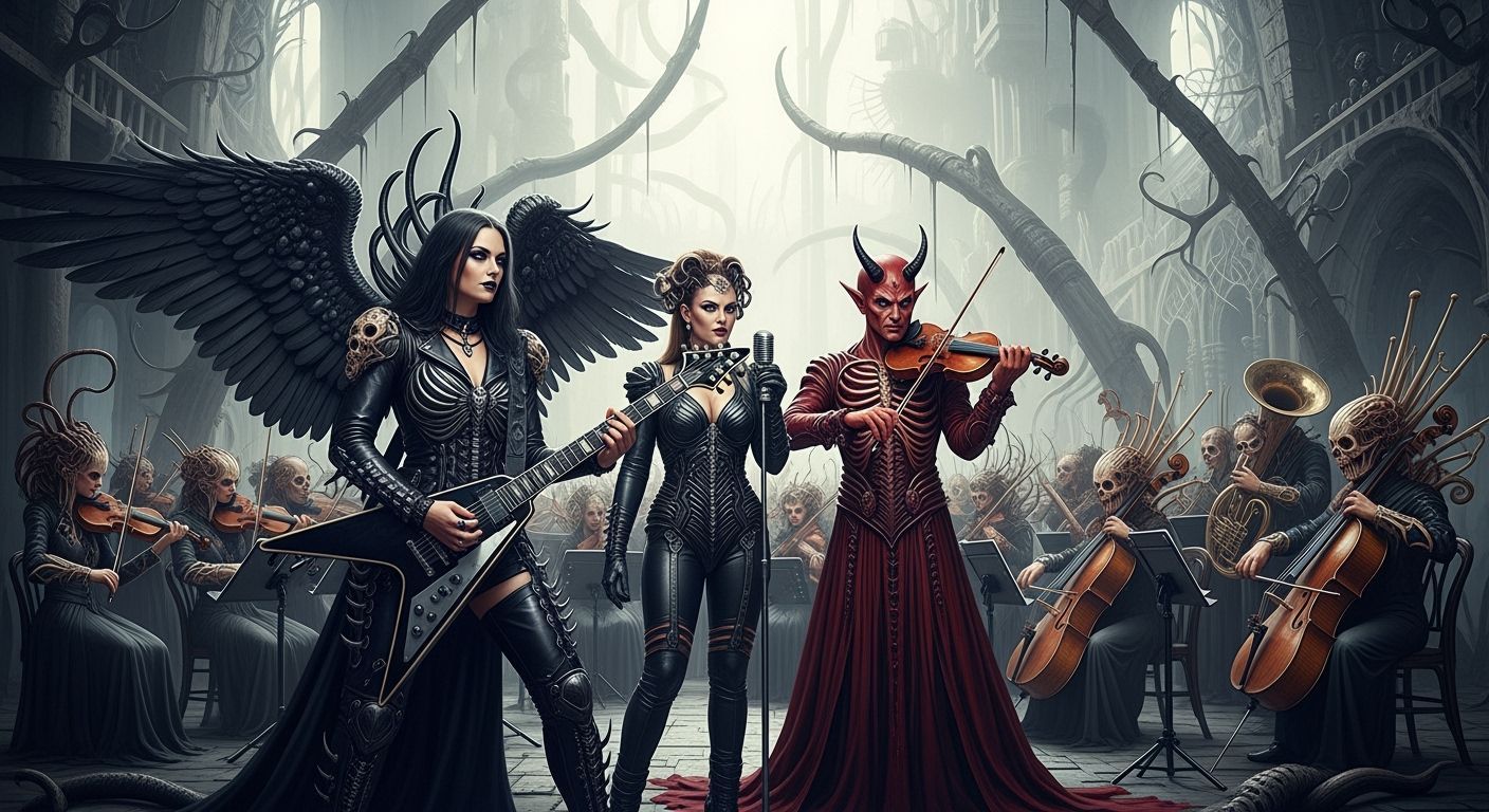 Erotic Angel with Guitar and Devil with Violin