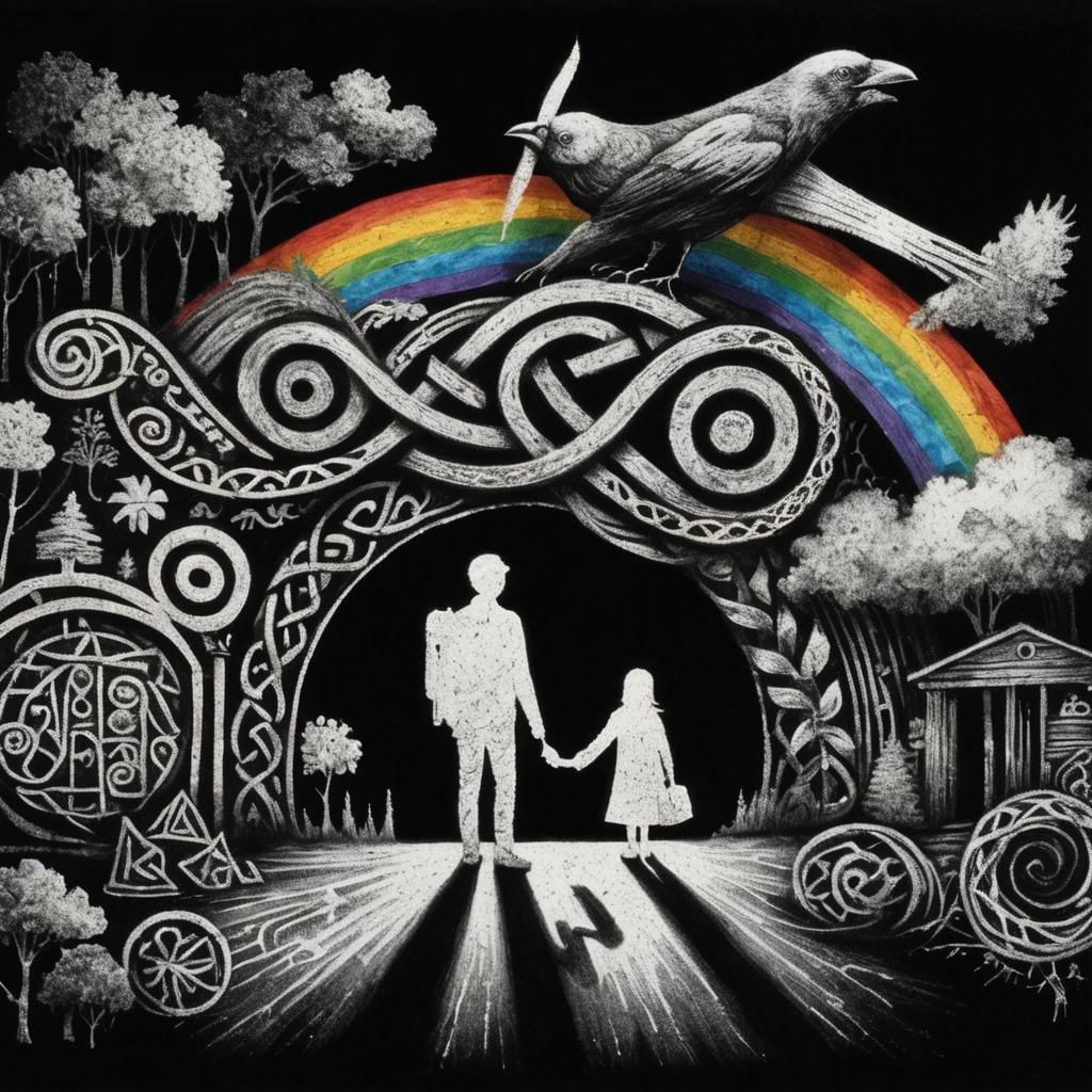 Celtic Raven Silhouette in Childlike Crayon Style