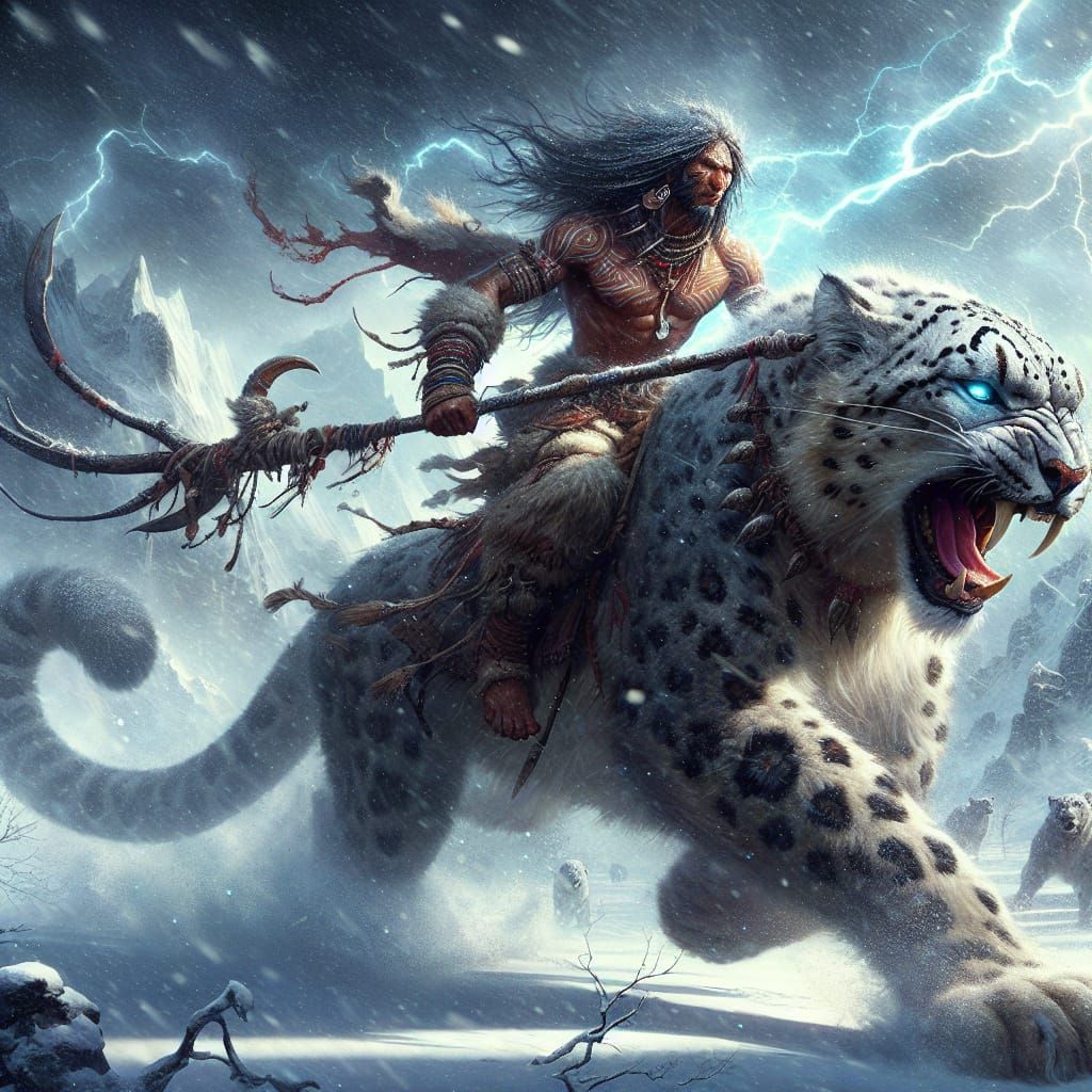 Tribal Warrior Rides Snow Leopard Through Blizzard