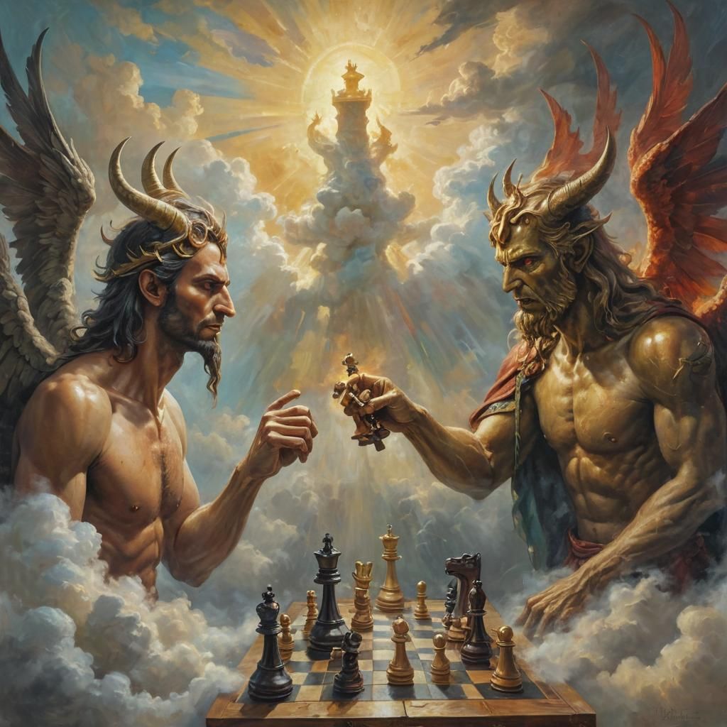 God and Lucifer Play Chess: A Surrealist Painting