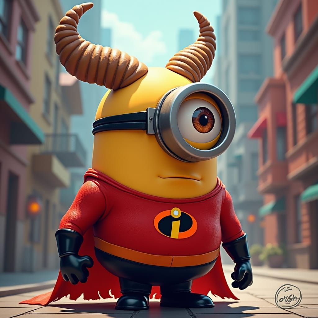 Minion Superhero with Goat Horns in Comic Style