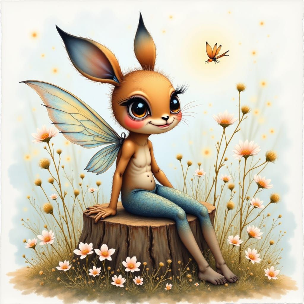 Mischievous Fairy with Doe Eyes on Flower Stump in Watercolo...
