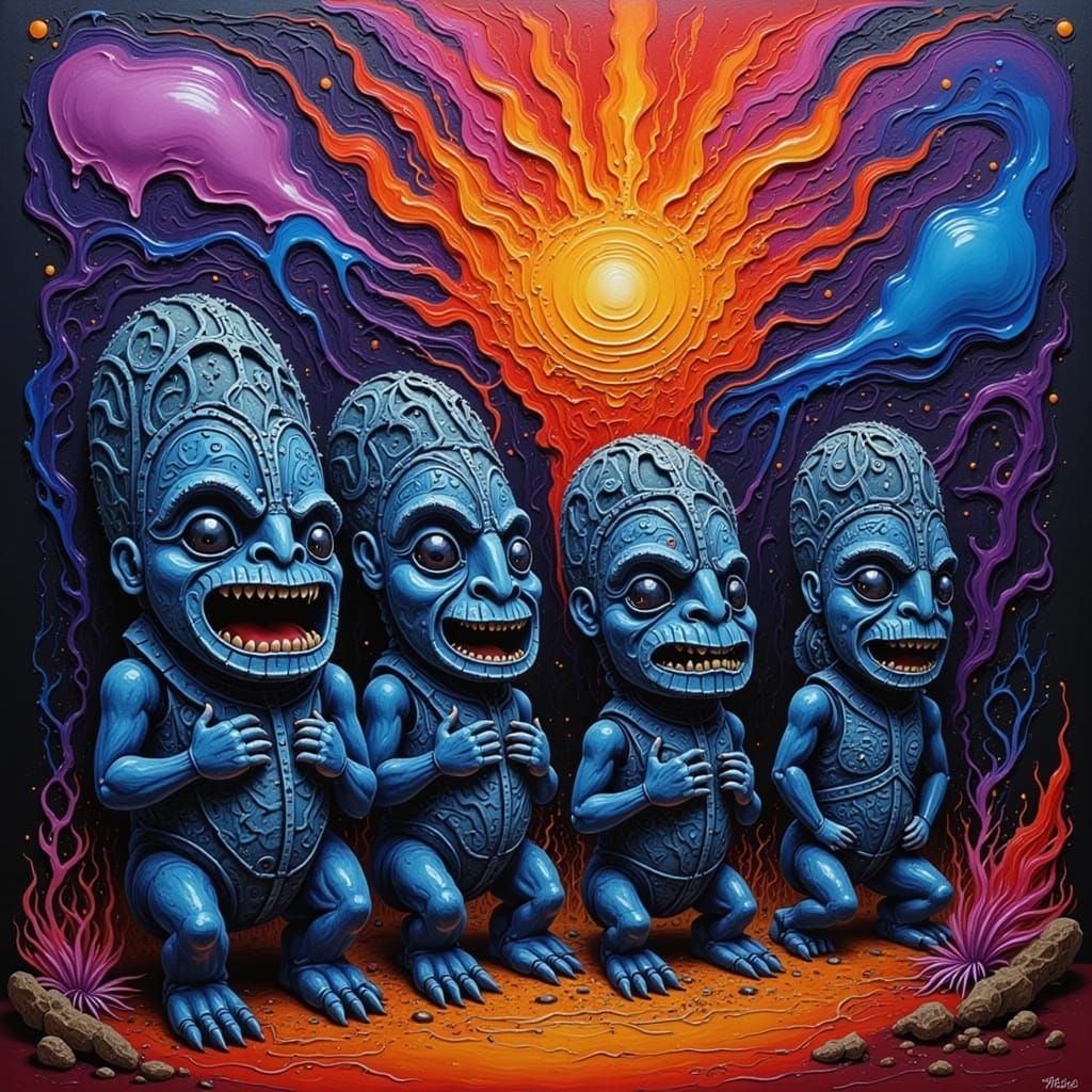 Polynesian Tiki Figures Amidst Exploding Color