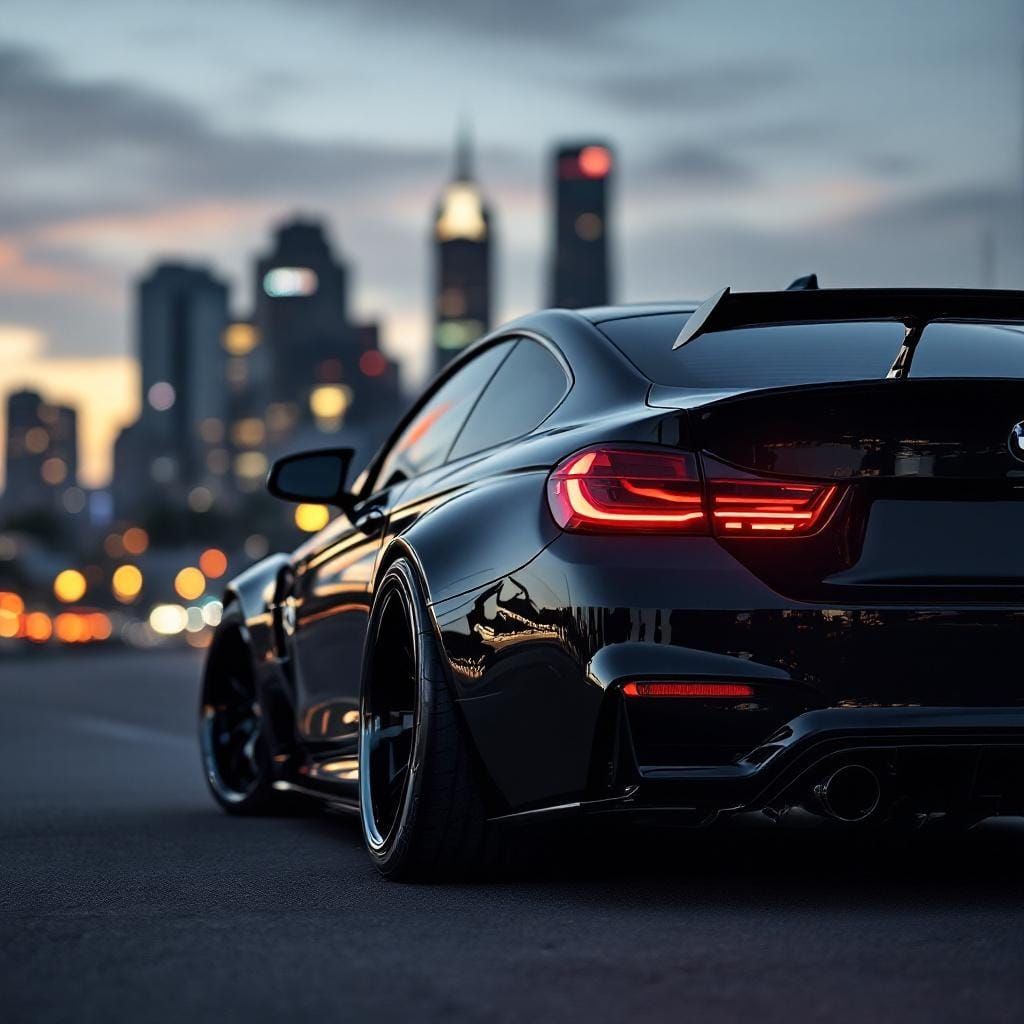Sleek Black BMW M4 in a Futuristic Cityscape