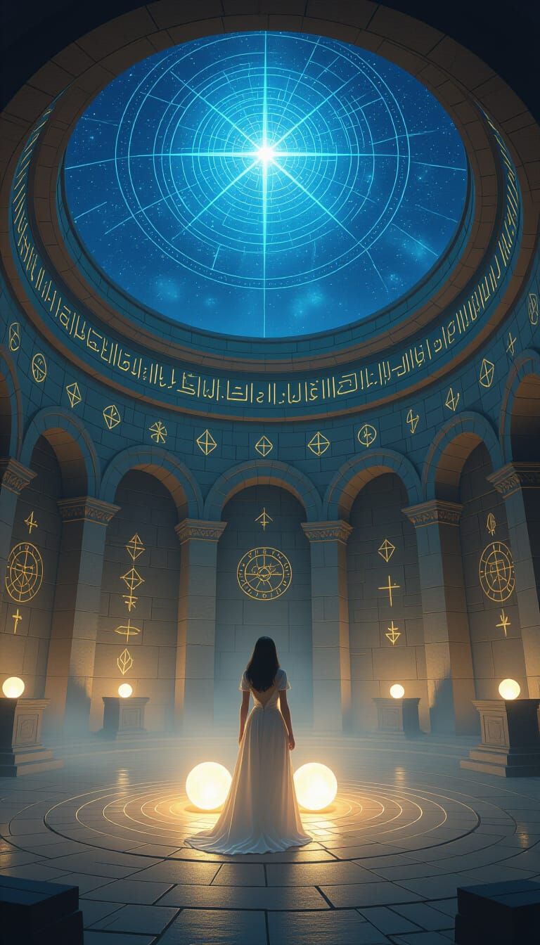 Mystical Sanctum with Glowing Symbols and Floating Orbs