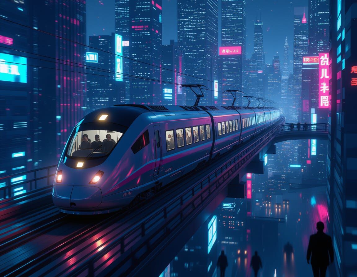 Futuristic Train Speeds Through Glowing Cityscape