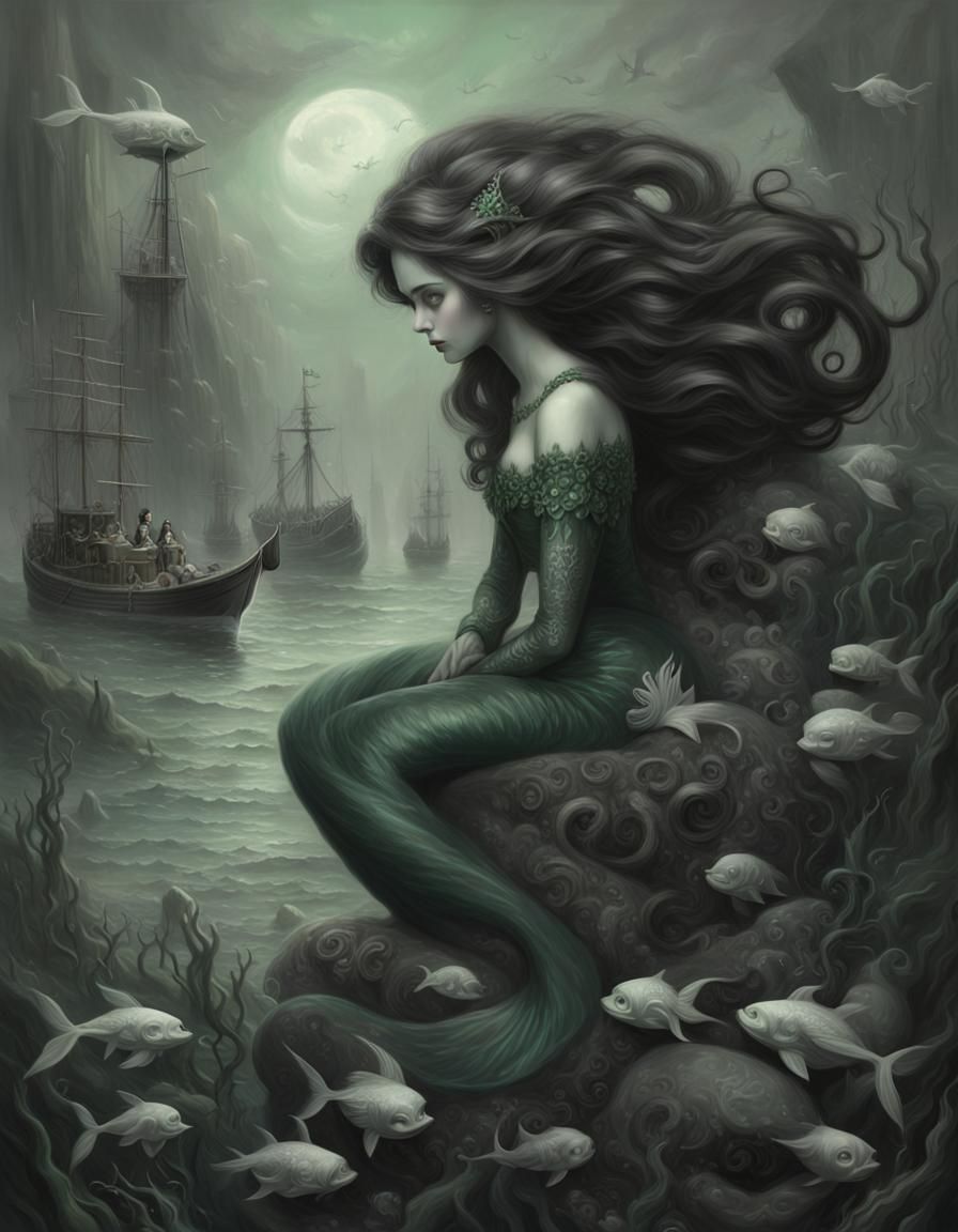 Little Mermaid in Monochrome Oil Painting