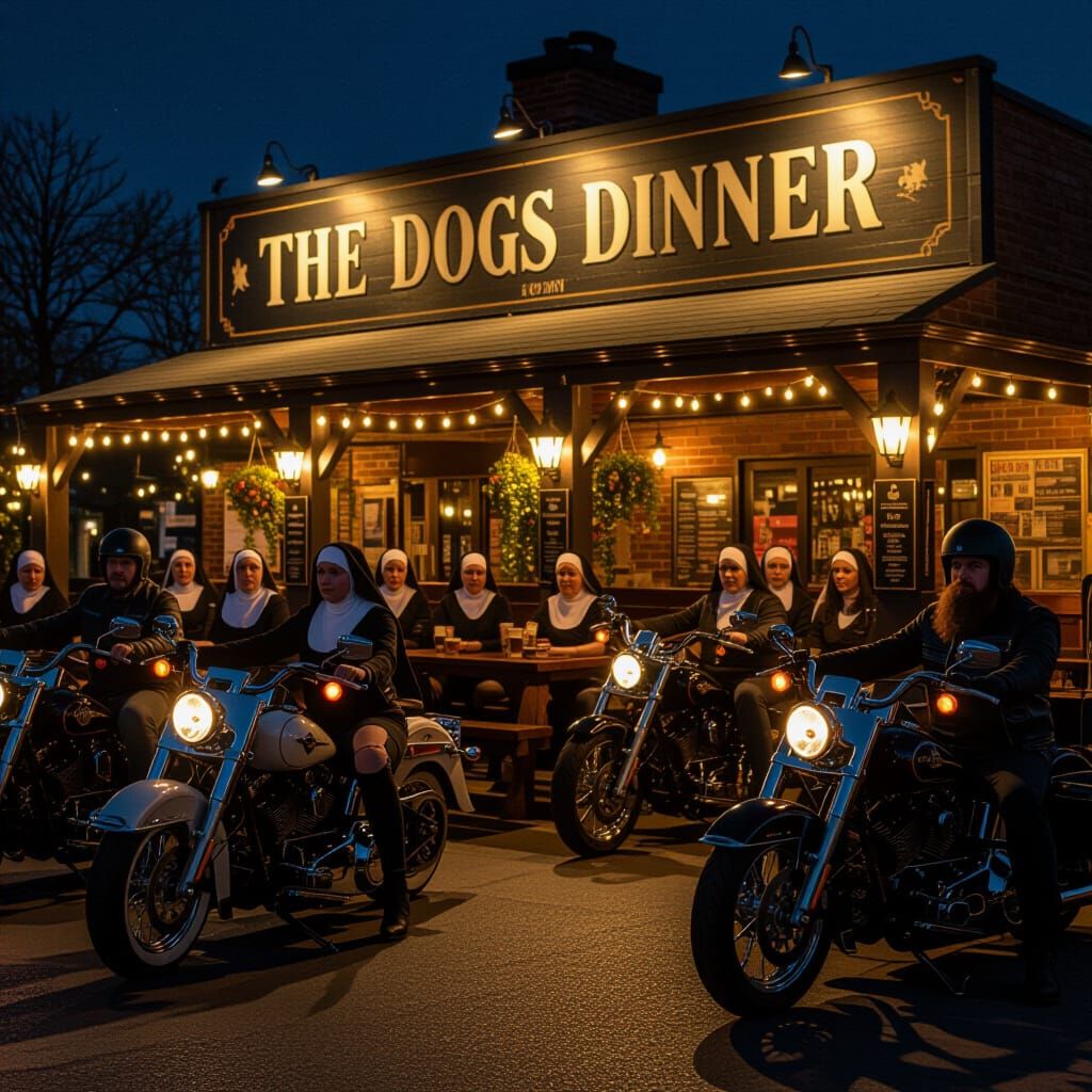 Nighttime Pub Scene with Nuns and Bikers