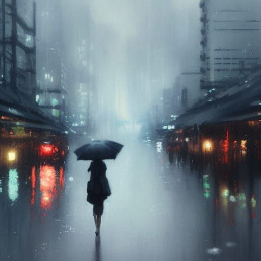Rainy Tokyo Scene in Impressionist Style