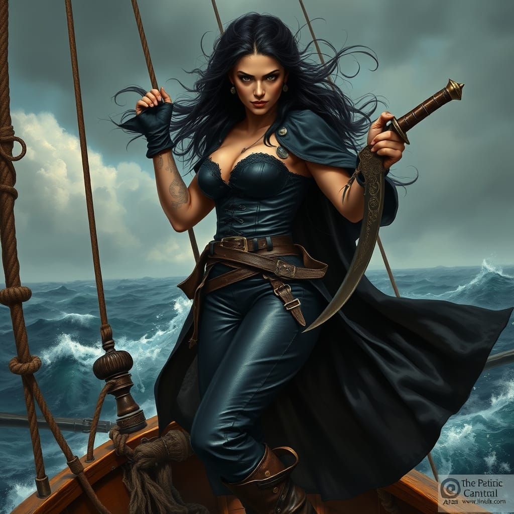 Confident Female Pirate Standing at the Bow of a Weathered S...