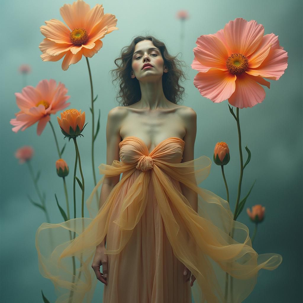 Dreamlike Woman Surrounded by Floating Flowers