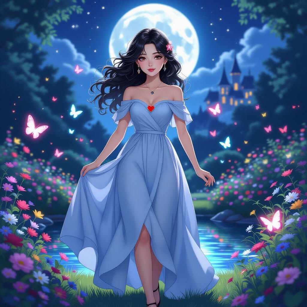 Anime Woman in Moonlit Garden with Glowing Butterflies