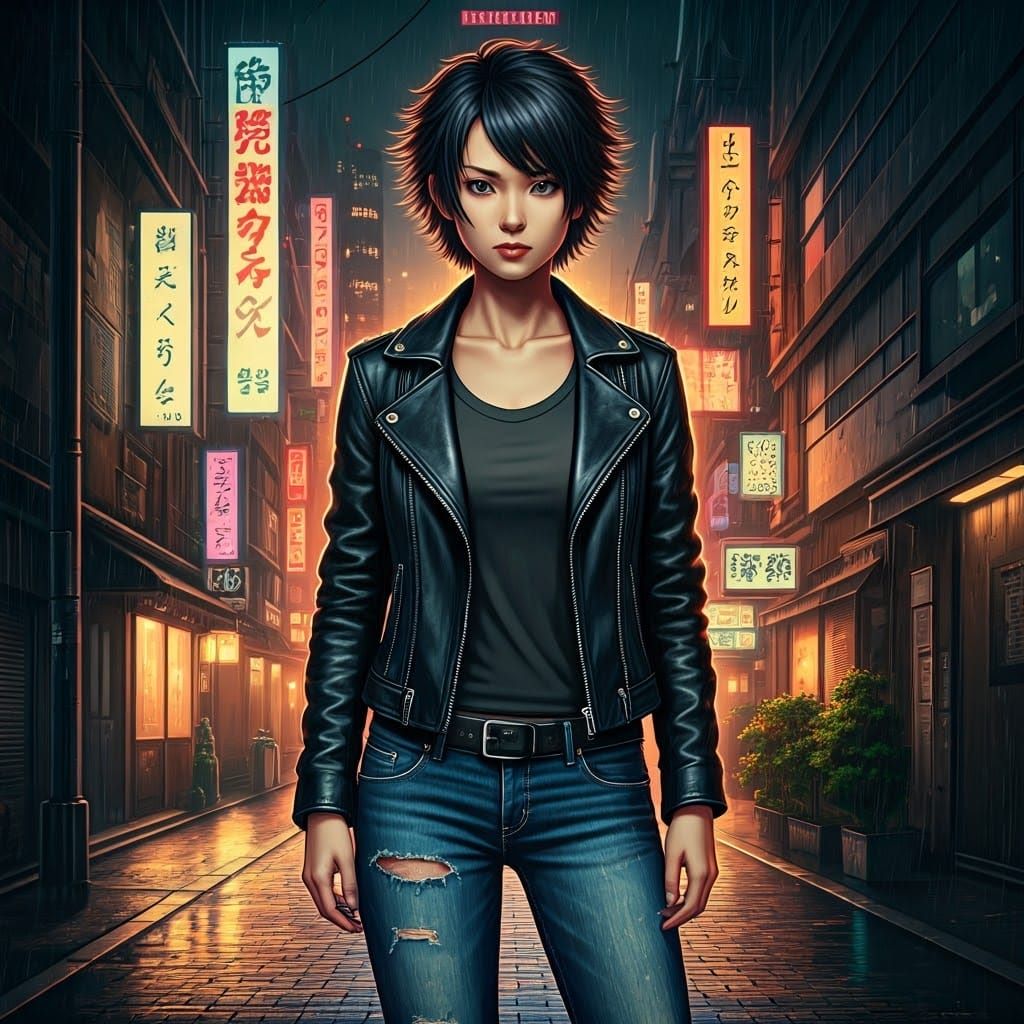 Akane Nishimura in Tokyo Alleyway, Syd Mead Style