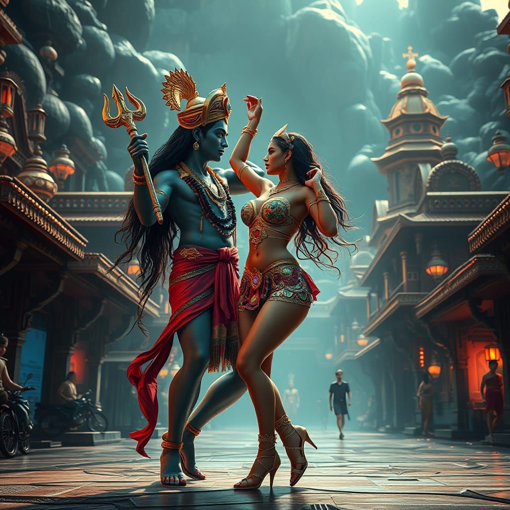 Sci-Fi Vishnu and Indian Woman Dance at Mount Meru