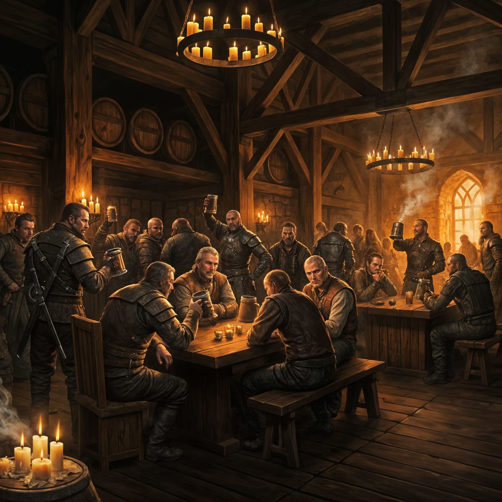 Dark Fantasy Tavern Concept Art with Mercenaries