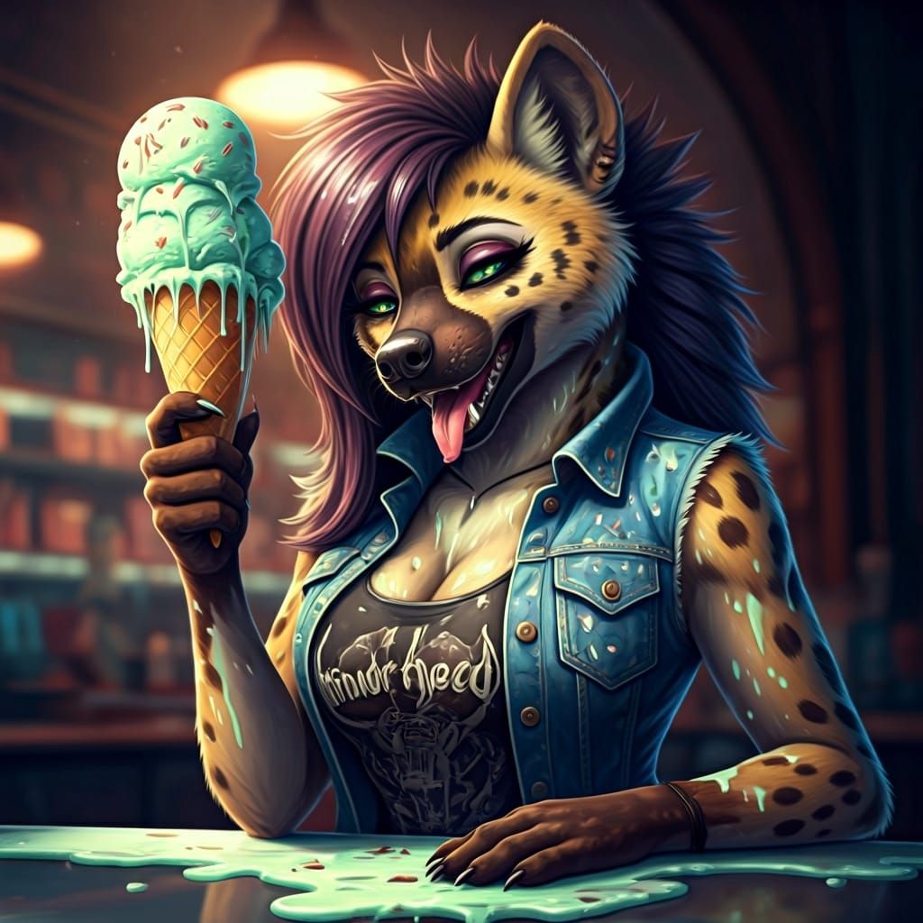 Hyena in Ice Cream Parlor, Watercolor Style
