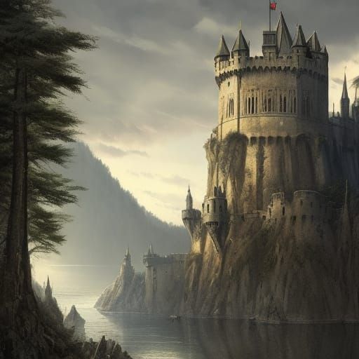 Gothic Bastion Overlooking Lake as Dark Fantasy Art