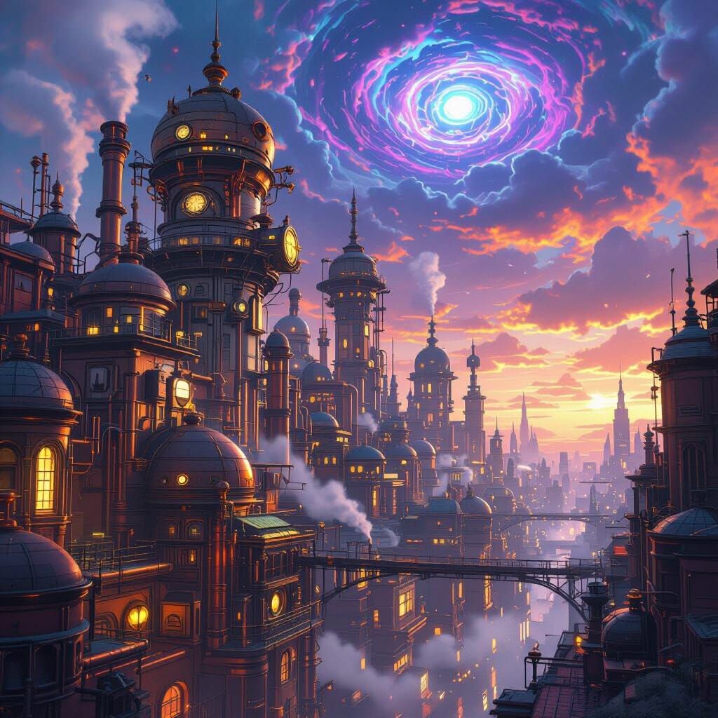 Steampunk Dystopian Metropolis in Anime Style