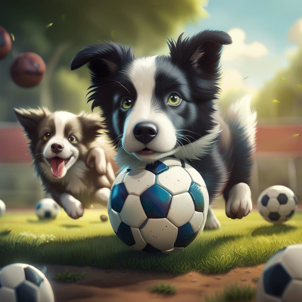 Border Collie Puppies Play Soccer: Matte Painting