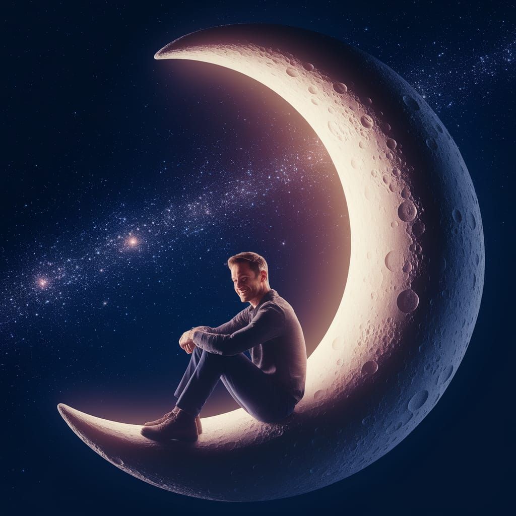 Man Serenely Sitting on the Moon in Digital Art