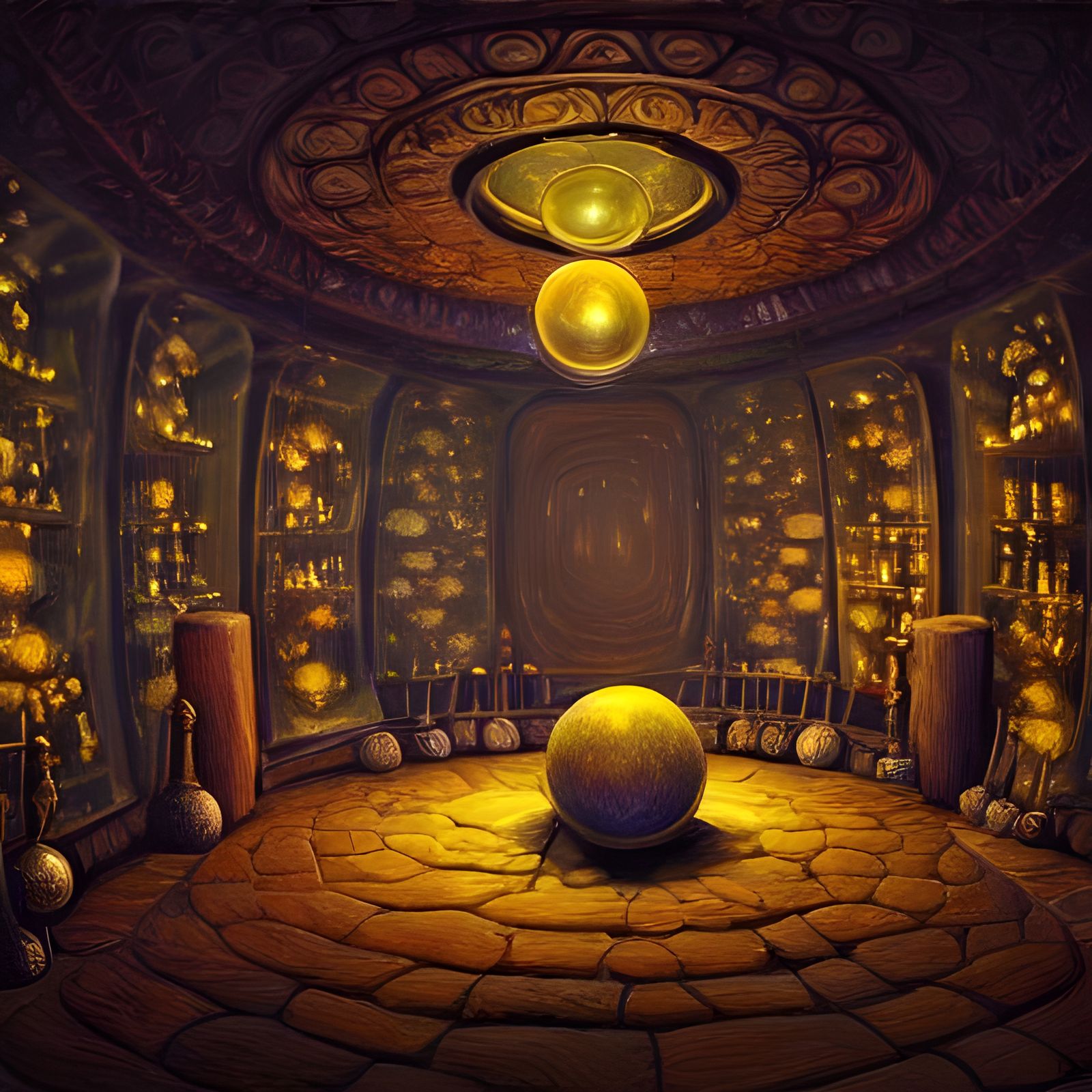 Mysterious Magic Room Painting with Potions and Orbs