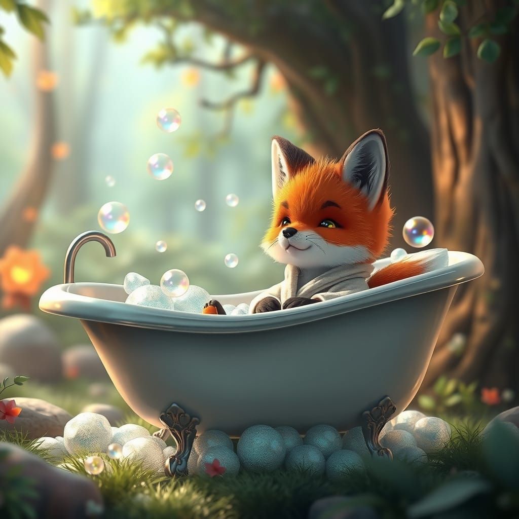 Cute Red Fox in Bathtub: 3D Anime Art