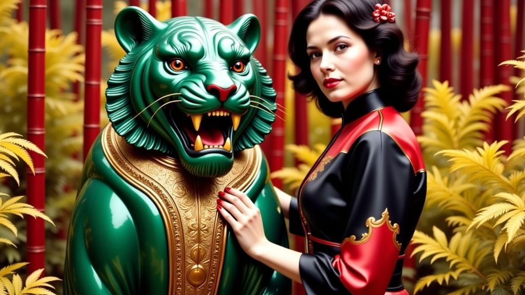 French Woman in Cheongsam Beside Emerald Tiger Sculpture