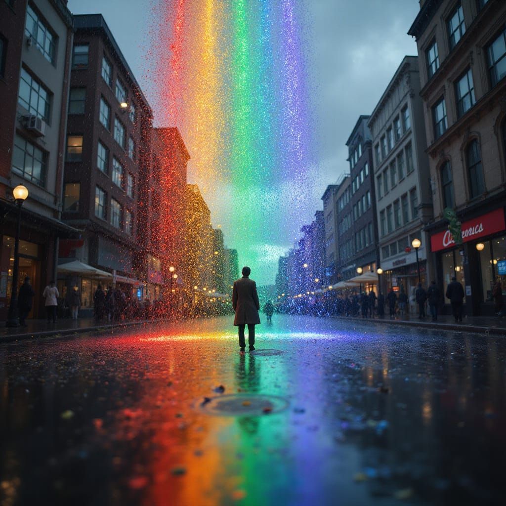 Vibrant Rainbow Rain Falls in a Moody Gray Cityscape