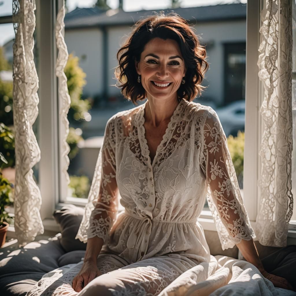 Smiling Dark-Haired Mom in Garage Sunlight