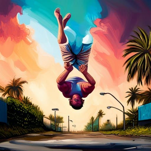 Man Hanging from Palm Tree in Graffiti Splash Art