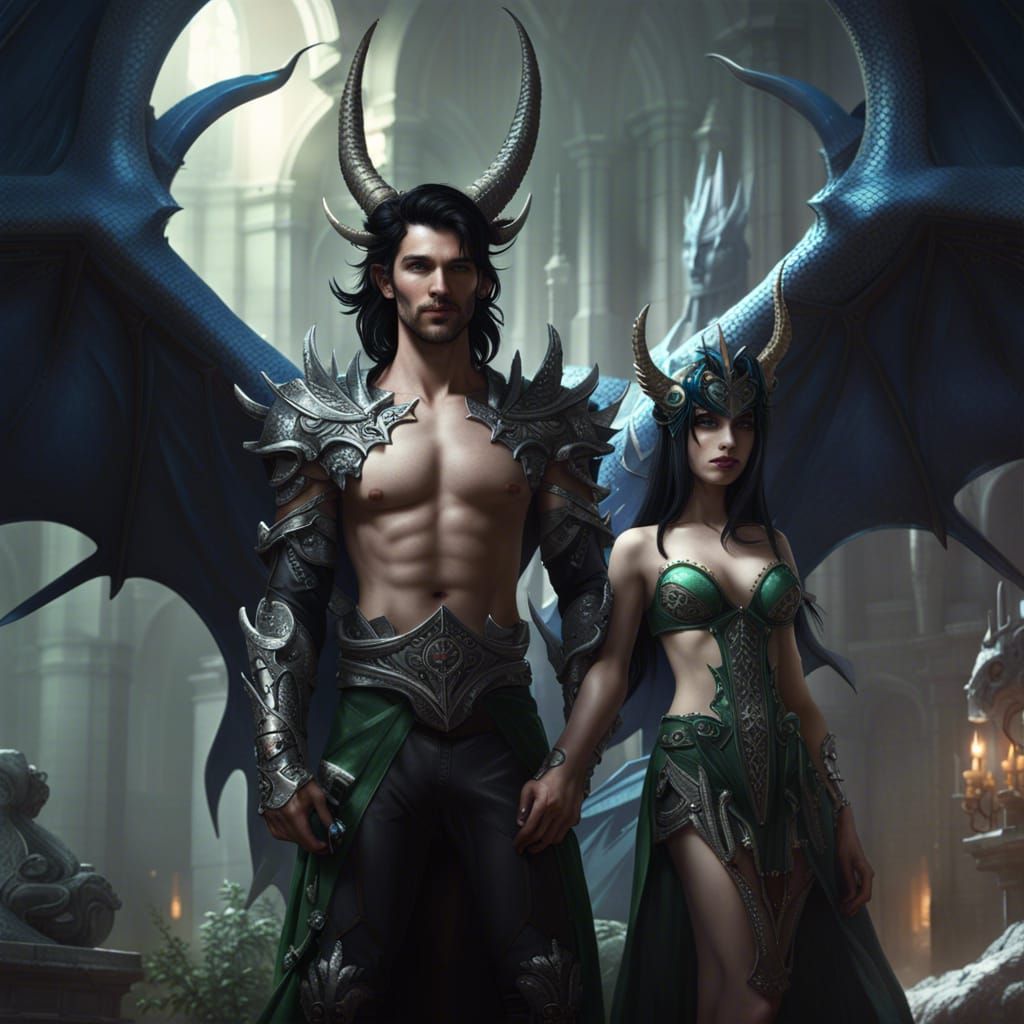 Fantasy Couple and Dragon, Dark Fantasy Concept Art