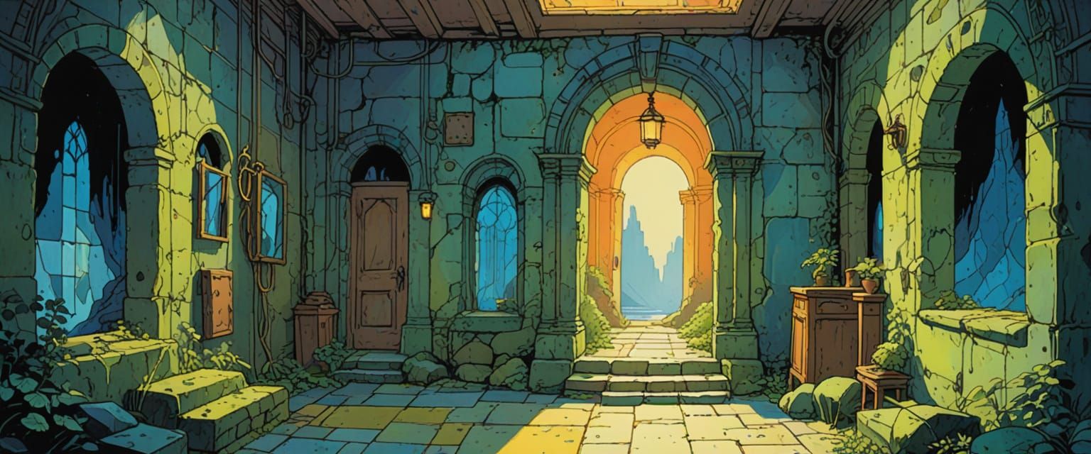 Dungeon Passageway with Mirrors in Watercolor Style