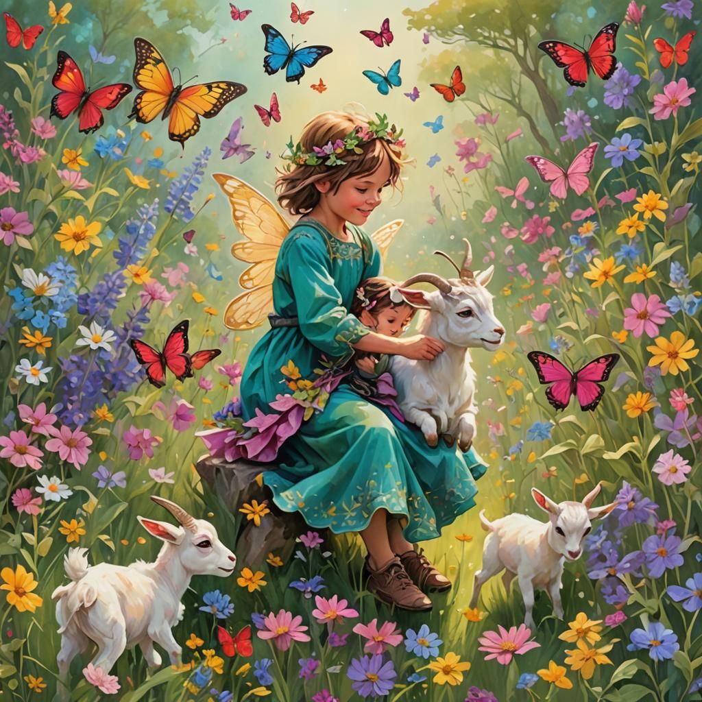 Fairies Play with Baby Goats in Wildflower Field