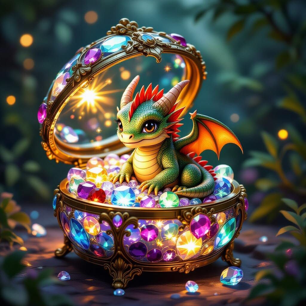 Baby Dragon in Jewelry Box with Glowing Jewels