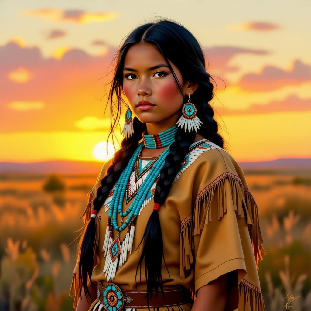 Native American Girl in Sunset Landscape