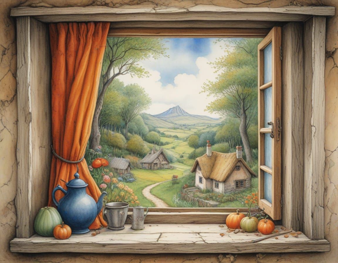 Witch's Cottage Window Scene in Whimsical Color