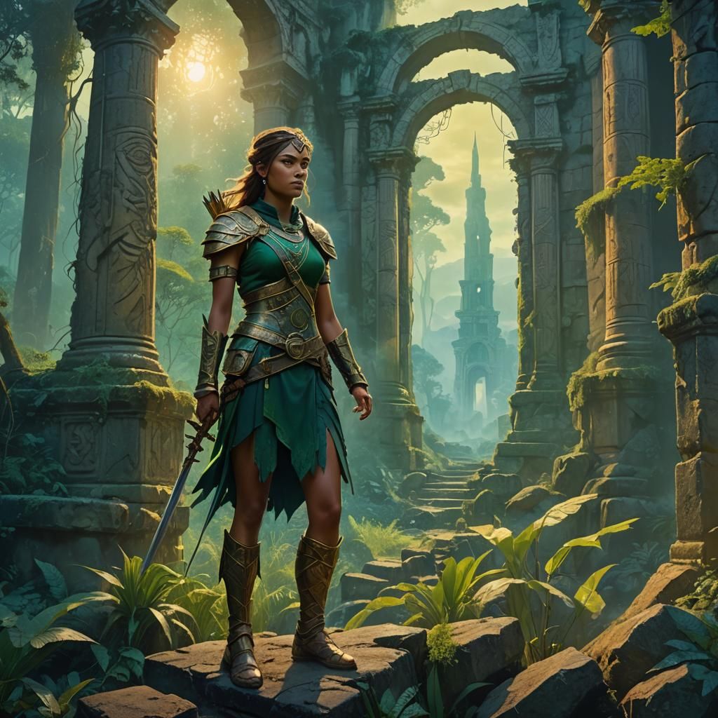Warrior Girl in Mystical Forest: Fantasy Matte Painting