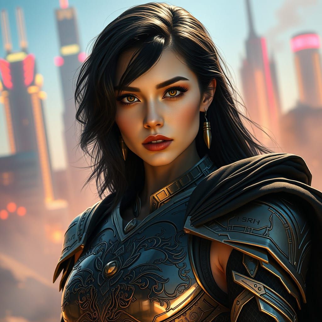 Regal Sci-Fi Warlord in Ornate Armor and Cape, Set Against D...