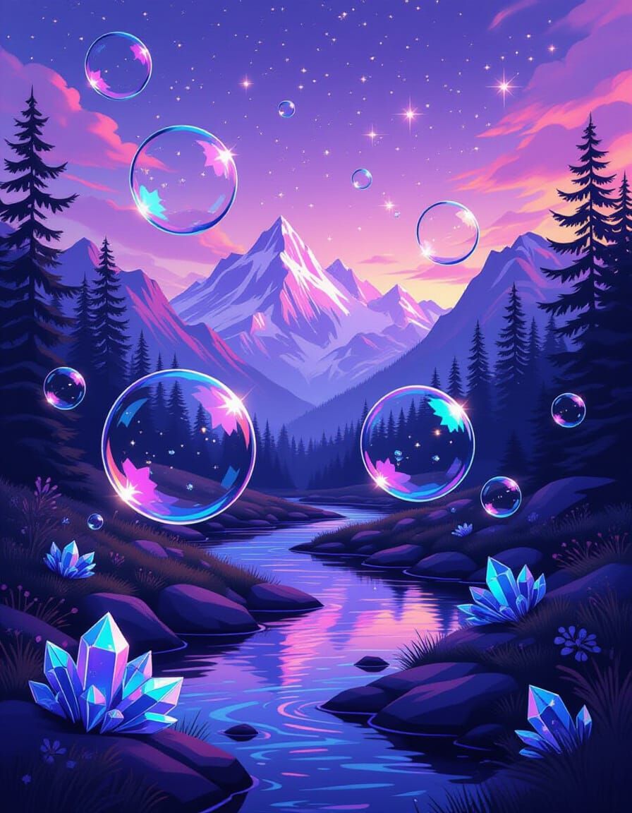 Abstract Liquid Bubbles in Purple Mountain Landscape