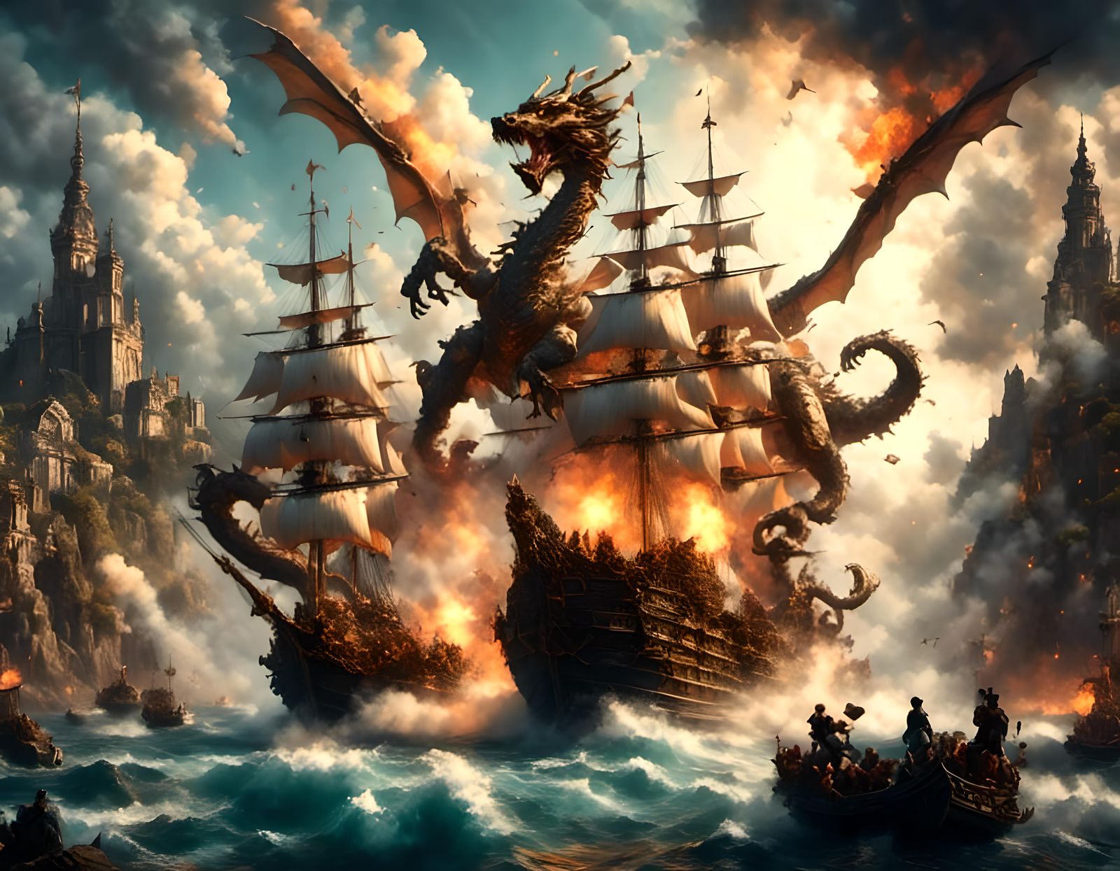 Dragon Attacks Ships in Port Under Gold Moon