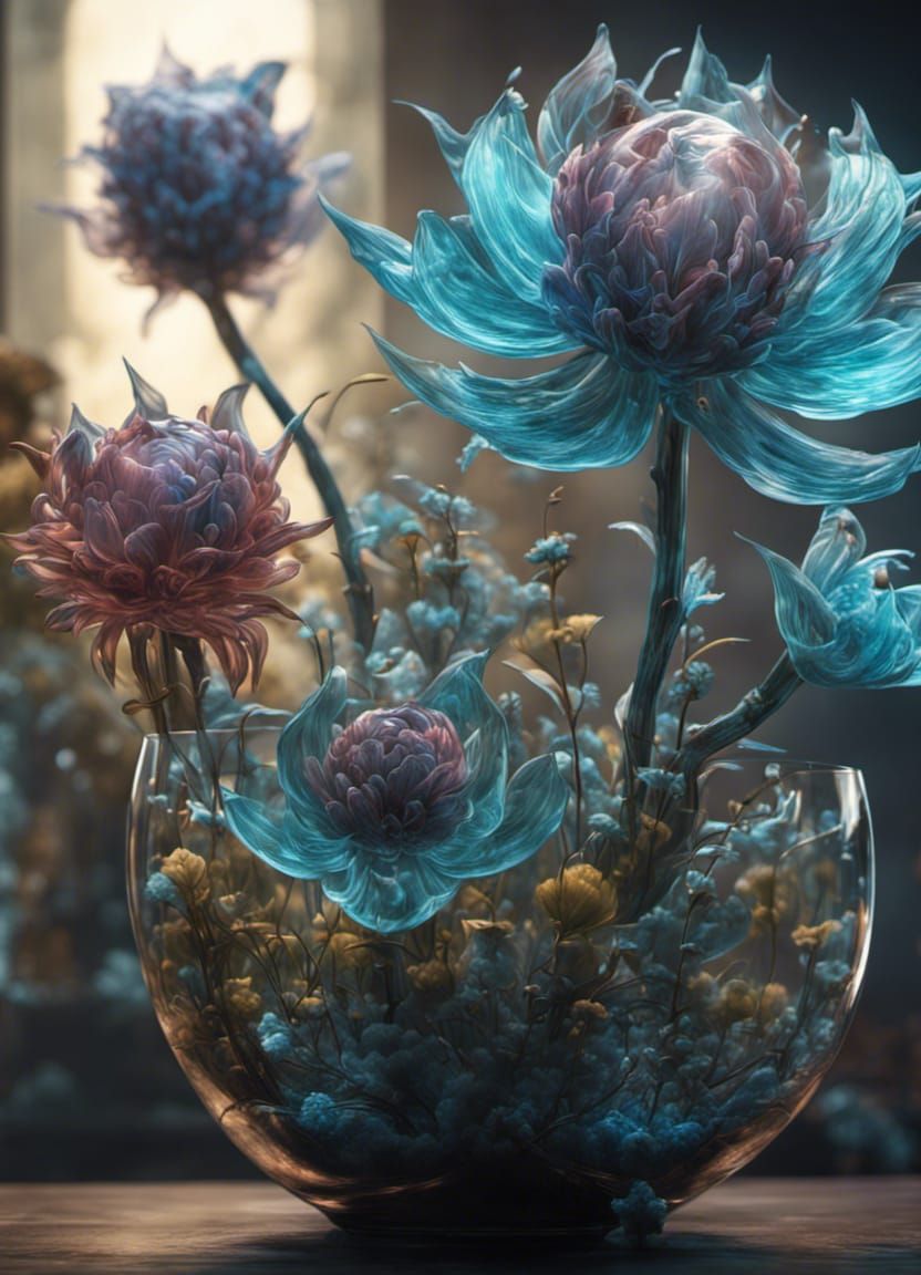 Bioluminescent Glass Flowers: Surreal Futuristic Artwork